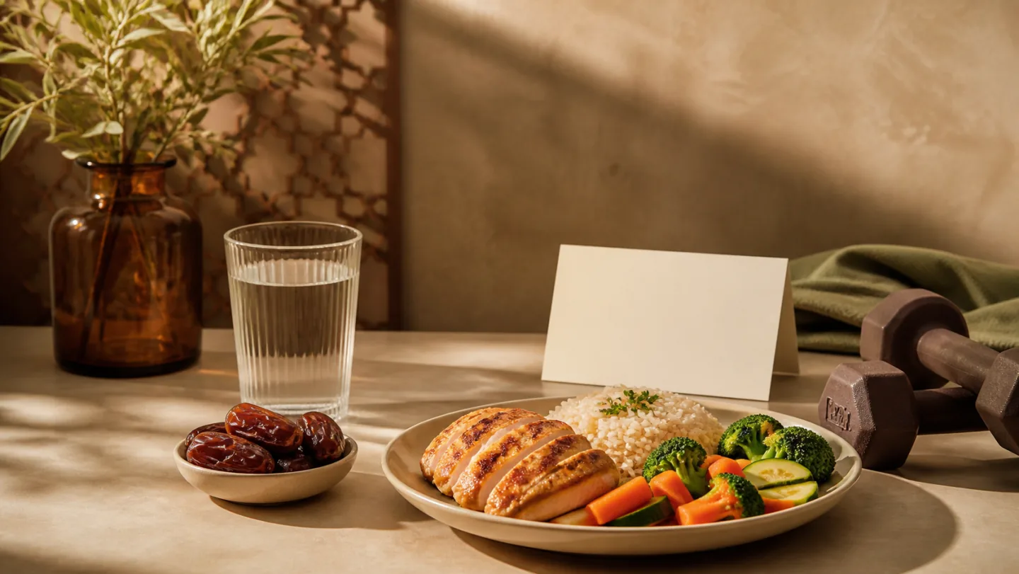 Water and dates lead to a complete recovery plate beside dumbbells and a blank staged-meal card in warm evening light.