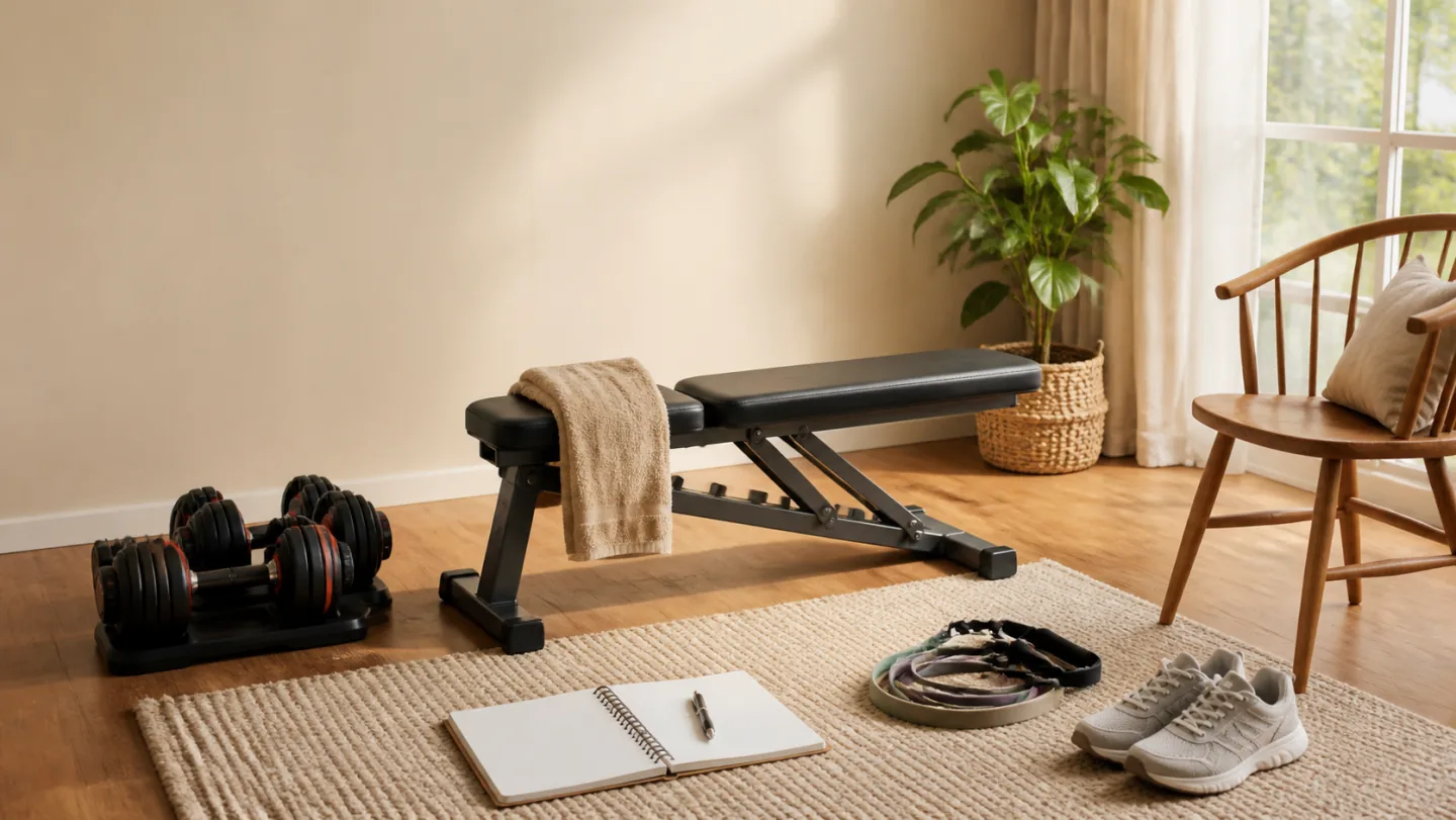 A home strength area contains a bench, adjustable dumbbells, resistance bands, shoes, and an open workout notebook.
