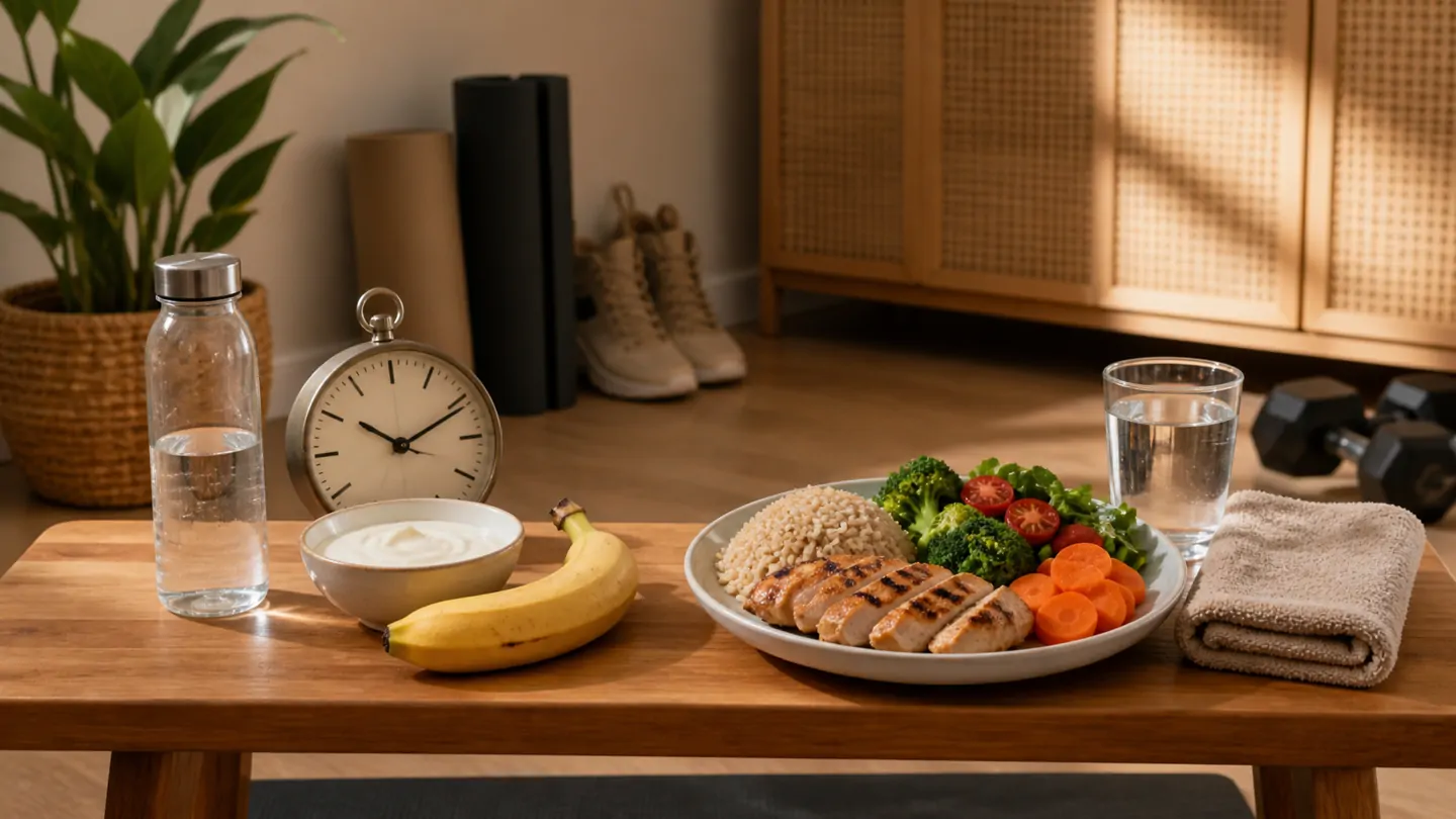 A banana, yogurt, water, and clock sit beside a balanced chicken, rice, and vegetable plate in an empty home workout room.