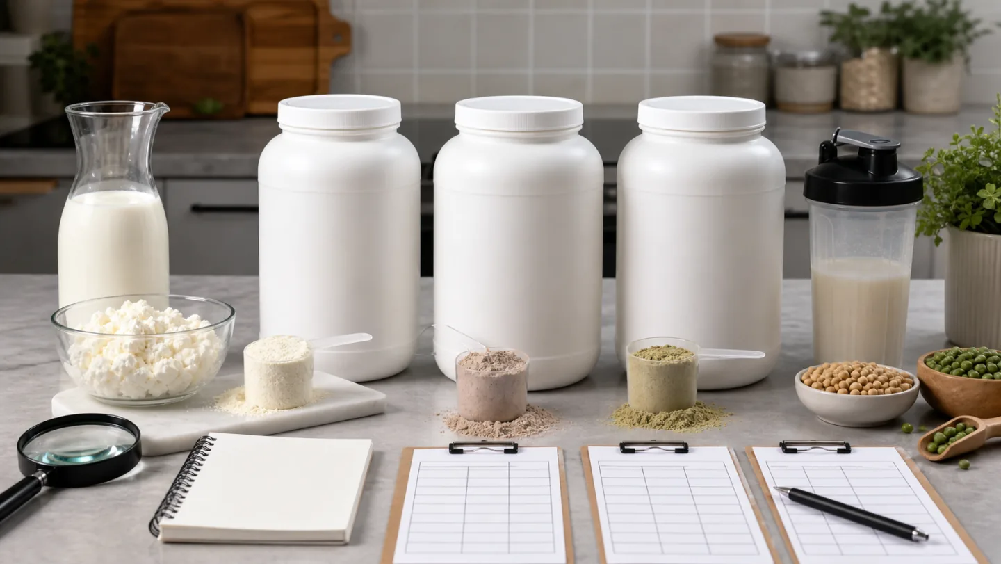 Plain protein powder tubs, scoops, milk, plant ingredients, blank score cards, and a magnifying glass fill a kitchen counter.