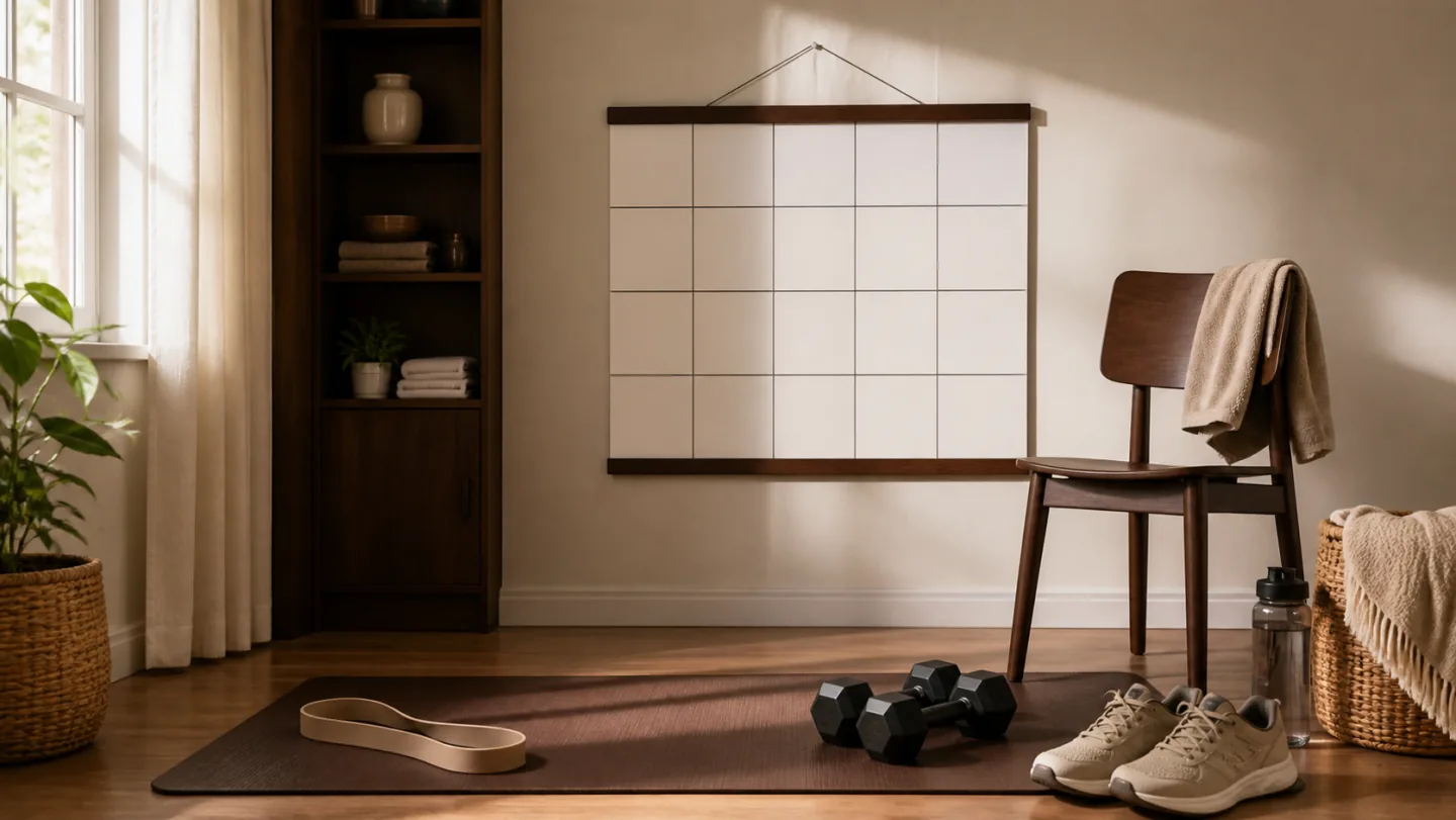 A mat, chair, resistance bands, dumbbells, shoes, and a blank four-week calendar fill a home workout corner.