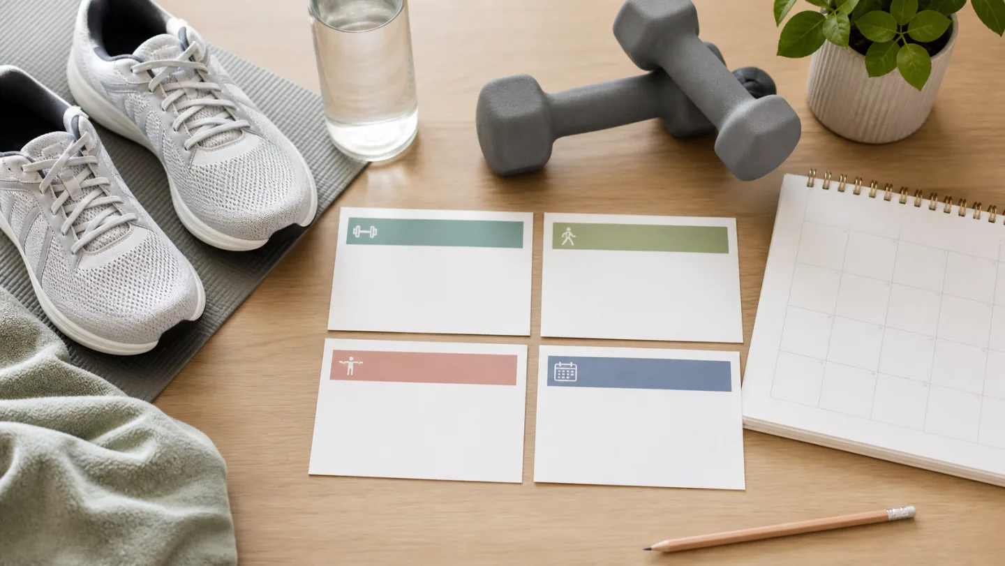 Blank goal cards for strength, walking, balance, and attendance sit with a calendar, dumbbells, shoes, and water.