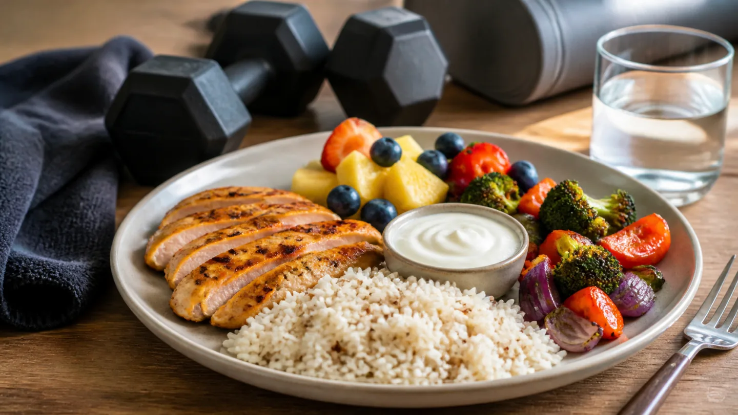 A plate of chicken, rice, vegetables, yogurt, fruit, and water sits near dumbbells and a towel.