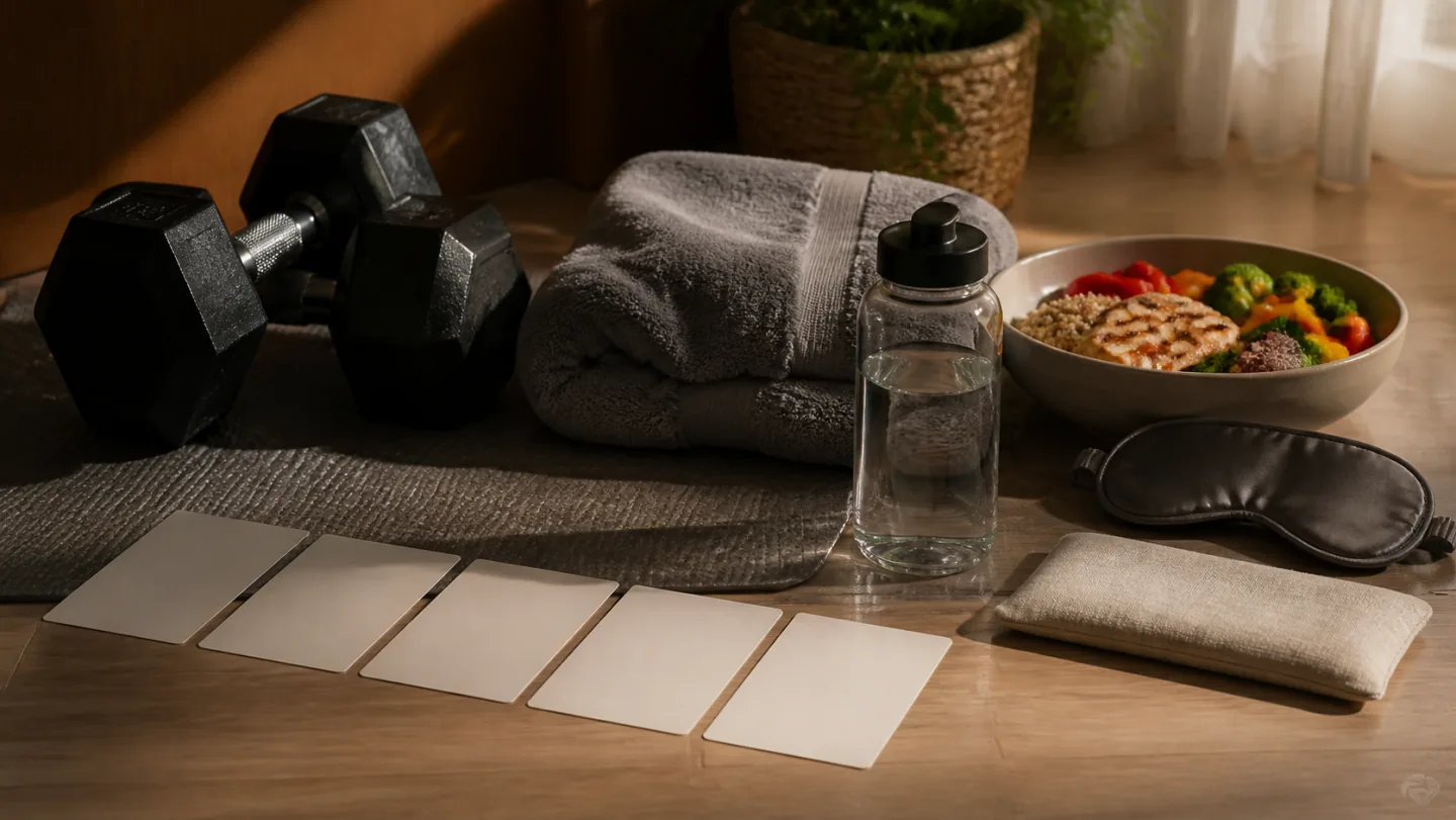 Dumbbells, water, a balanced meal, sleep mask, warm pack, towel, and blank recovery timeline represent muscle soreness recovery.