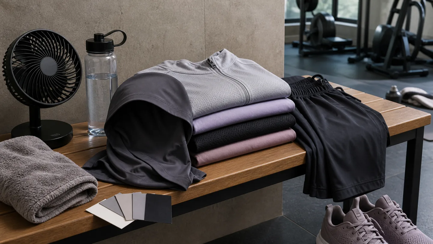 Folded breathable workout layers, a plain sports hijab, loose trousers, water, fan, towel, shoes, and fabric cards sit on a bench.