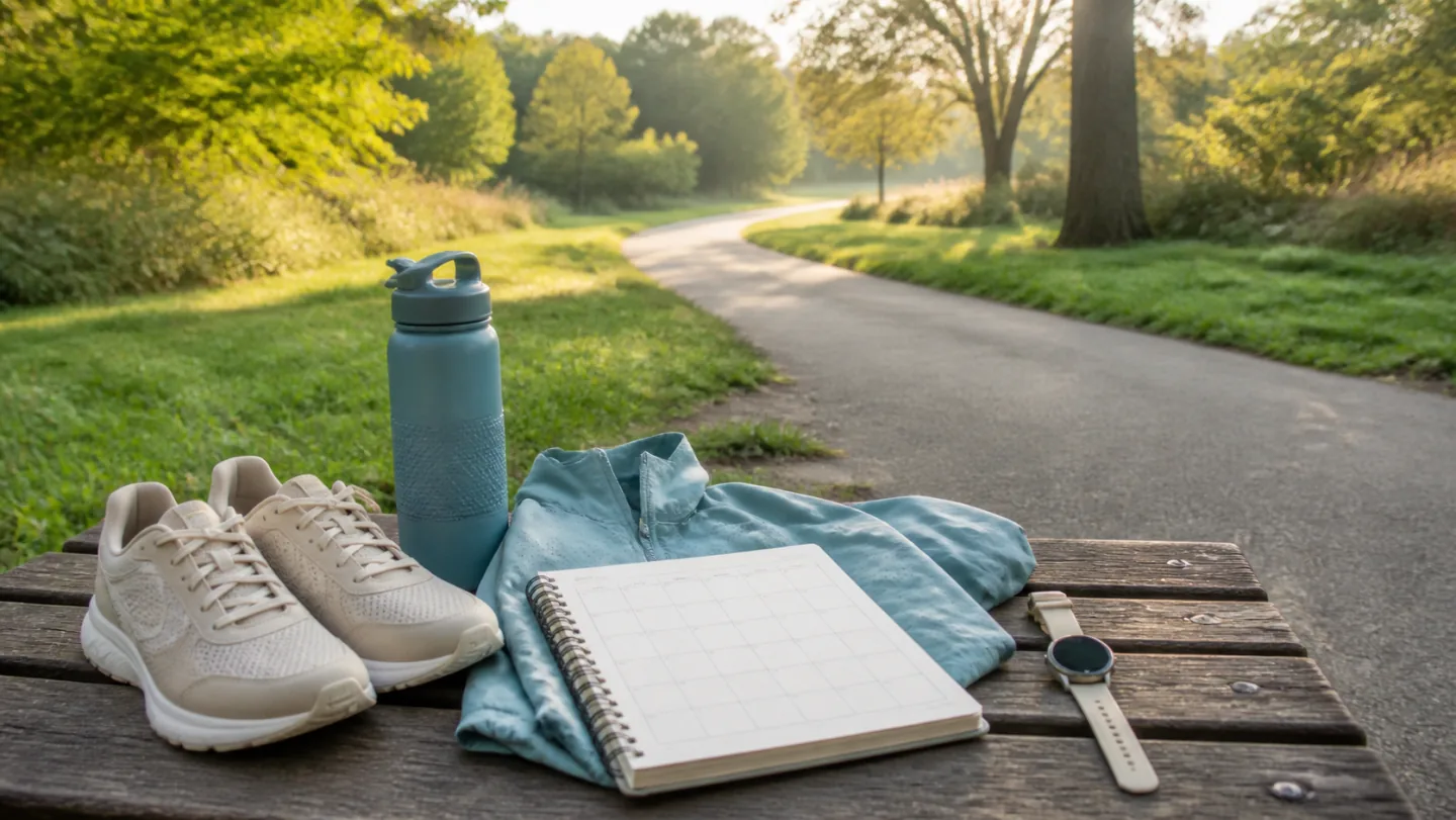 Walking shoes, water, a light jacket, watch, and blank planner rest on a bench beside an empty park path.