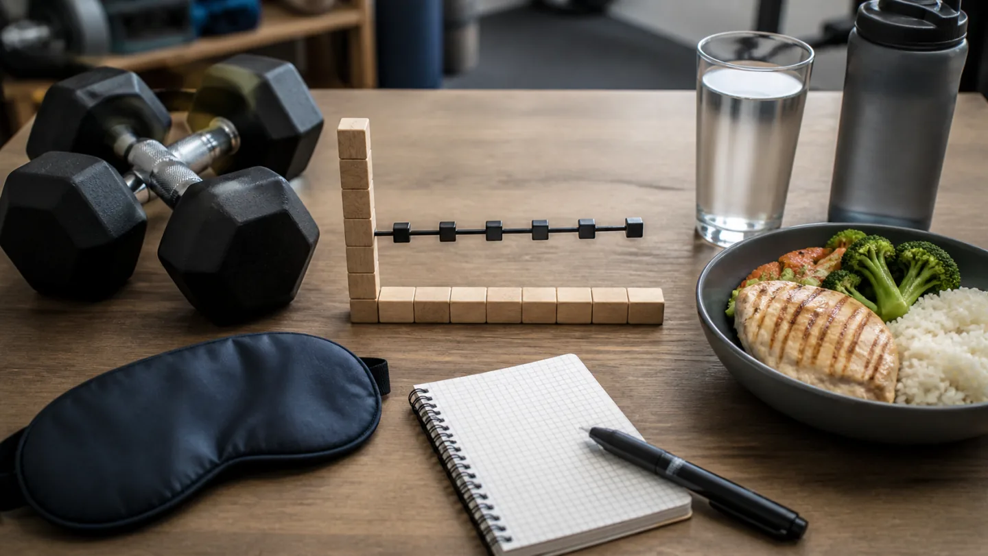Matching dumbbells, a wooden plateau graph, sleep mask, balanced meal, water, and notebook represent a workout progress review.