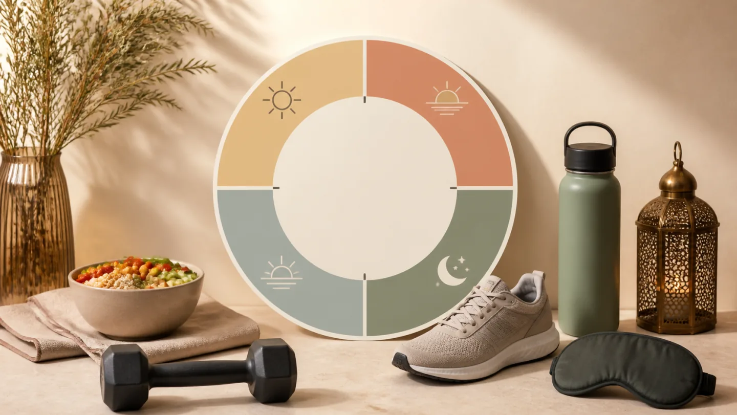 A blank circular day timeline is surrounded by a dumbbell, walking shoe, balanced meal, water bottle, lantern, and sleep mask.