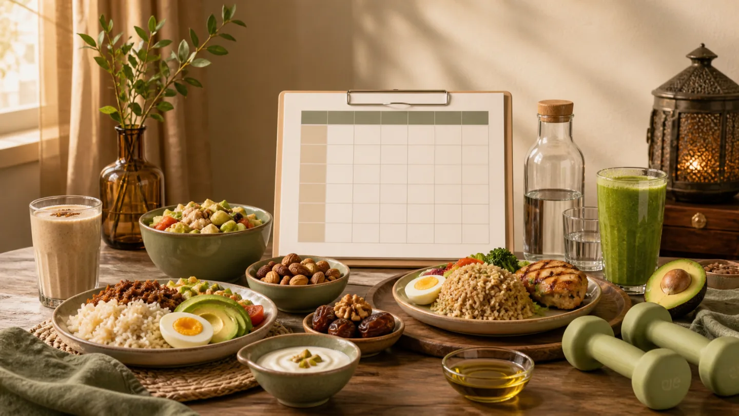 Energy-dense balanced meals, smoothies, rice, eggs, yogurt, nuts, avocado, olive oil, water, dumbbells, and a blank weekly chart fill a table.