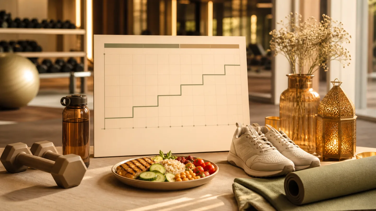 An empty gym contains a blank two-week ramp chart, light dumbbells, walking shoes, water, balanced meal, and recovery mat.