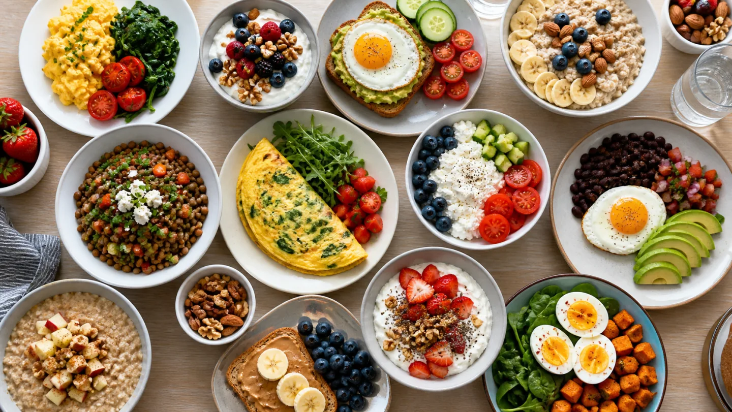 Twelve colorful breakfast plates feature eggs, yogurt, oats, lentils, beans, cottage cheese, fruit, and vegetables.