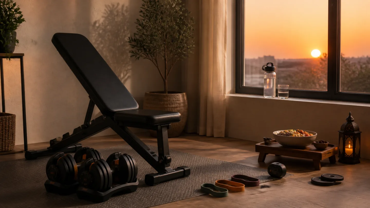 An empty strength area at sunset contains an adjustable bench, dumbbells, resistance bands, water, a balanced meal, and reduced set tokens.