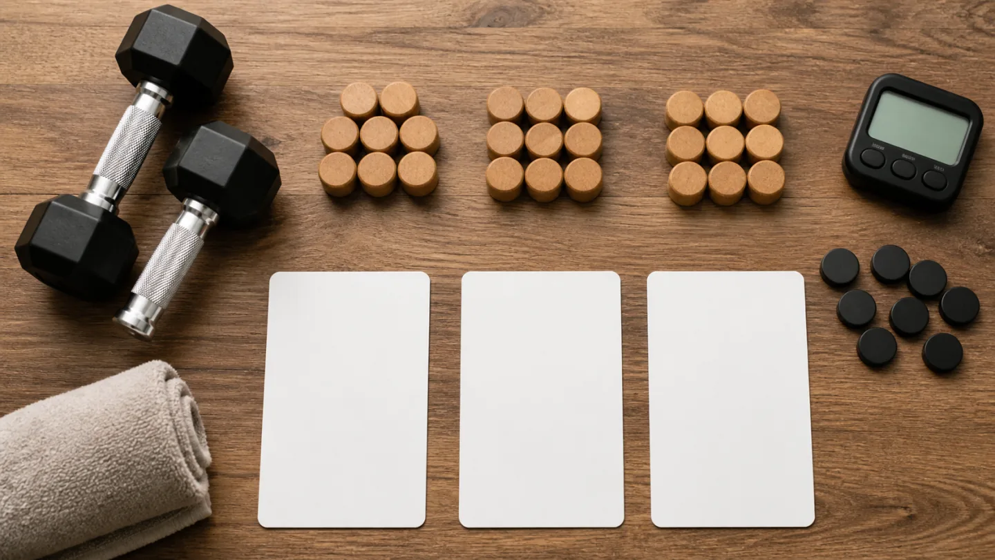 Dumbbells, grouped wooden counting tokens, blank set cards, and a timer explain sets and repetitions without people.