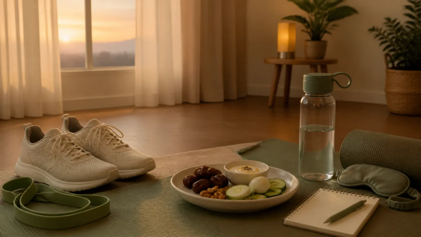 A quiet empty room at dawn contains walking shoes, mat, light band, balanced suhoor, water set aside, sleep mask, and blank plan card.