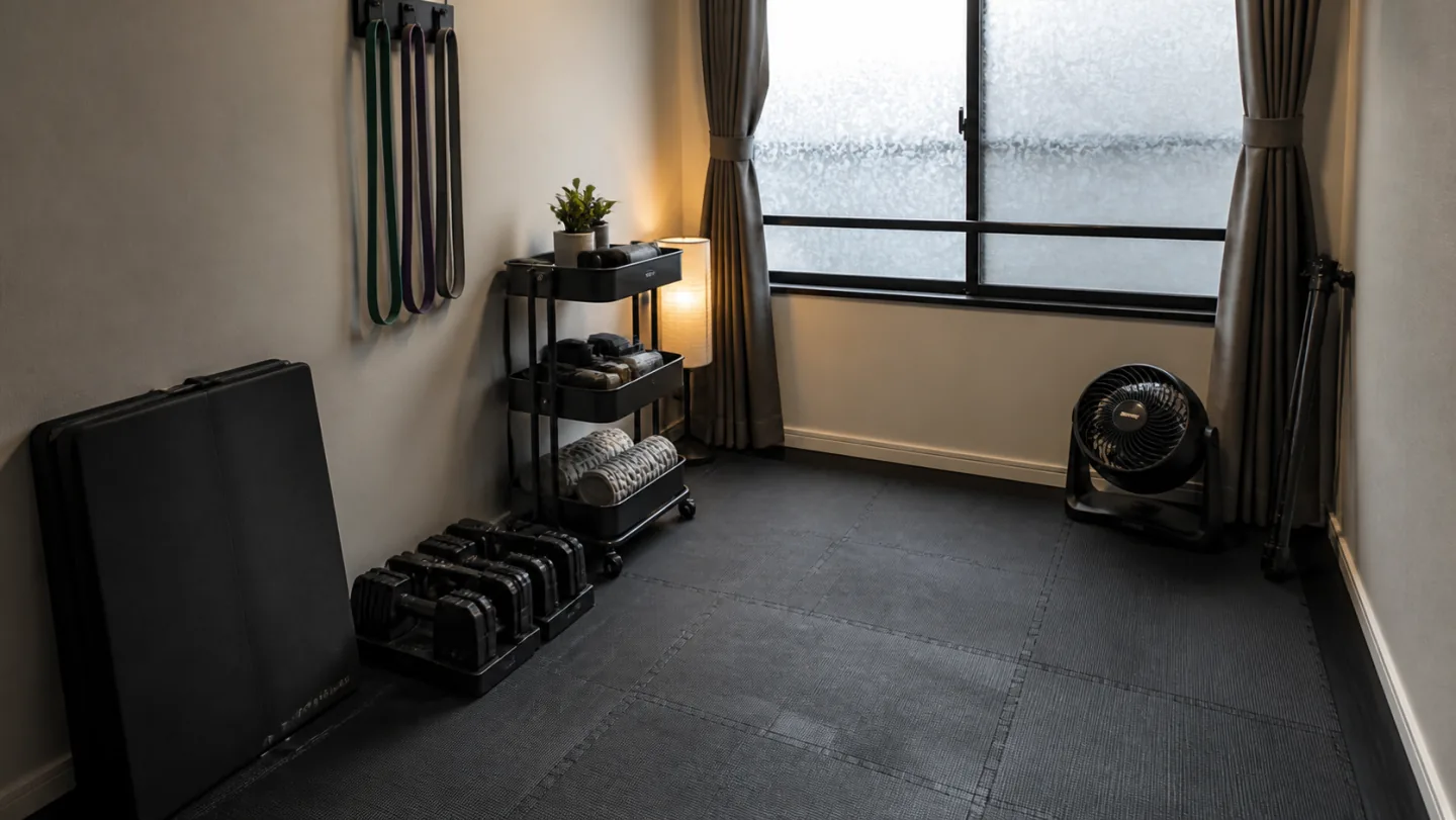 A compact empty workout room has privacy film, curtains, folding mat, adjustable dumbbells, bands, storage cart, fan, and floor tiles.