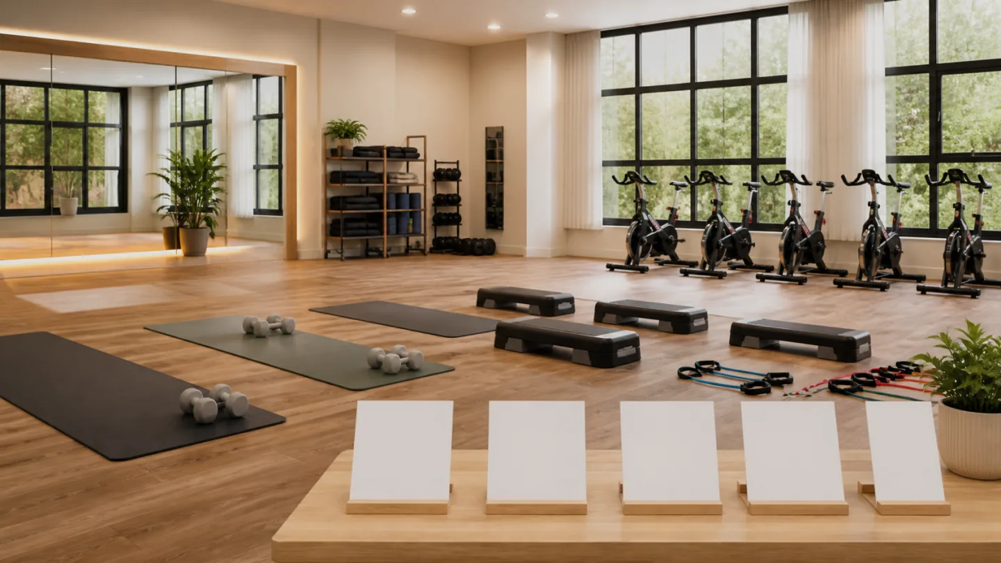 An empty private studio is arranged for mat, strength, step, cycling, and resistance-band classes with blank comparison cards.