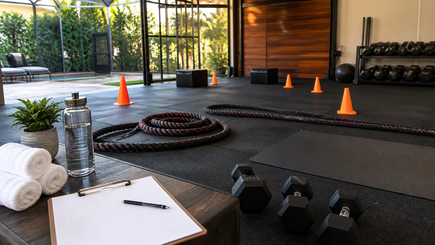 An empty private bootcamp zone contains cones, low boxes, ropes, dumbbells, mats, water, and a blank trial checklist.