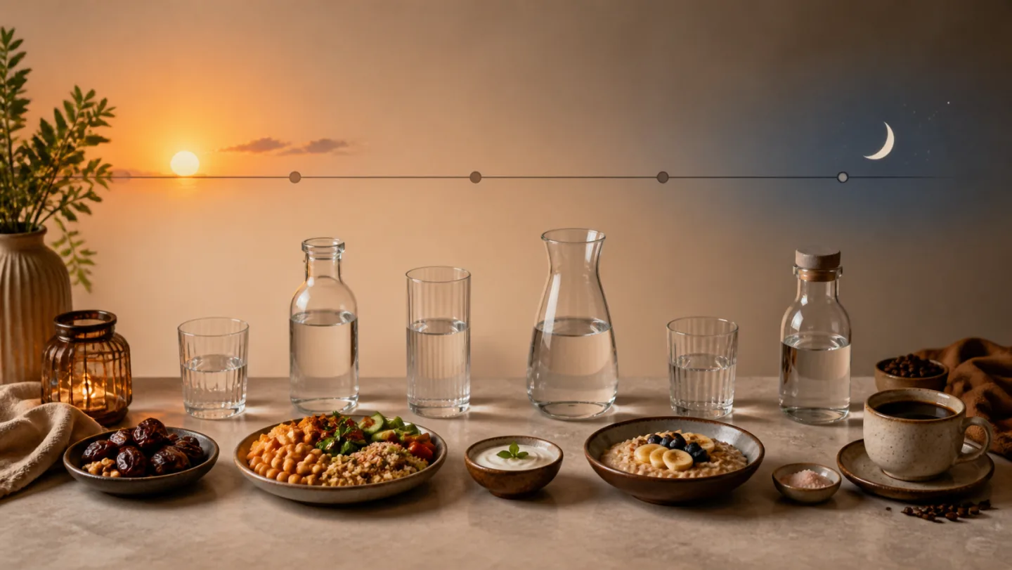 Water glasses and bottles are distributed along a blank sunset-to-dawn timeline with balanced foods, salt bowl, dates, and coffee.