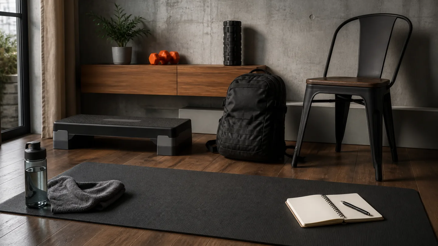 A plain backpack, chair, step, mat, towel, water, and blank notebook sit in a focused apartment workout corner.