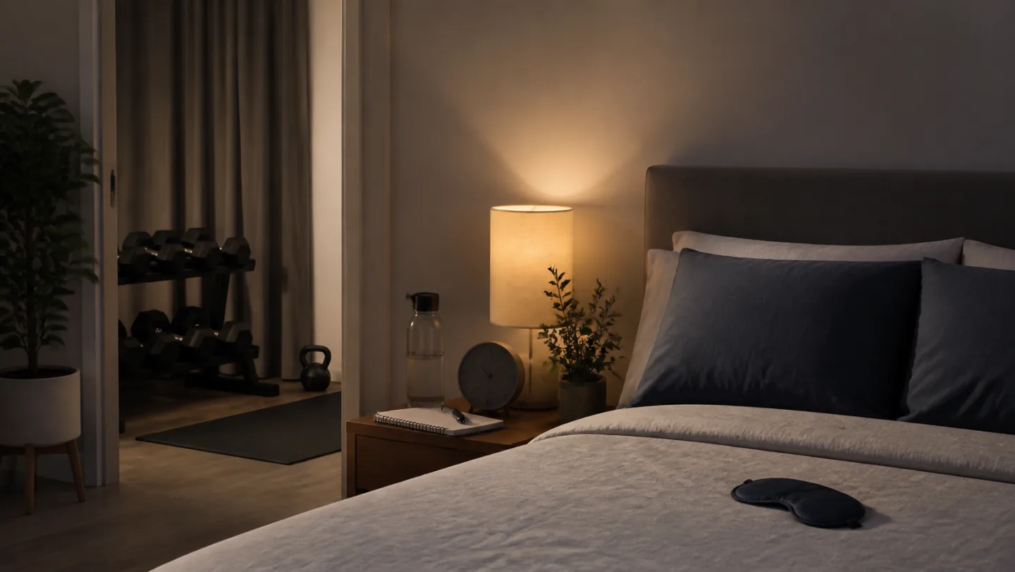 A calm empty bedroom connects to a tidy workout corner with a bed, sleep mask, blank clock, stored dumbbells, and recovery log.