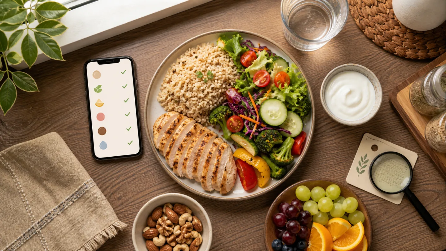 A balanced halal meal, yogurt, fruit, nuts, water, and a phone with simple food check marks are arranged on a table.