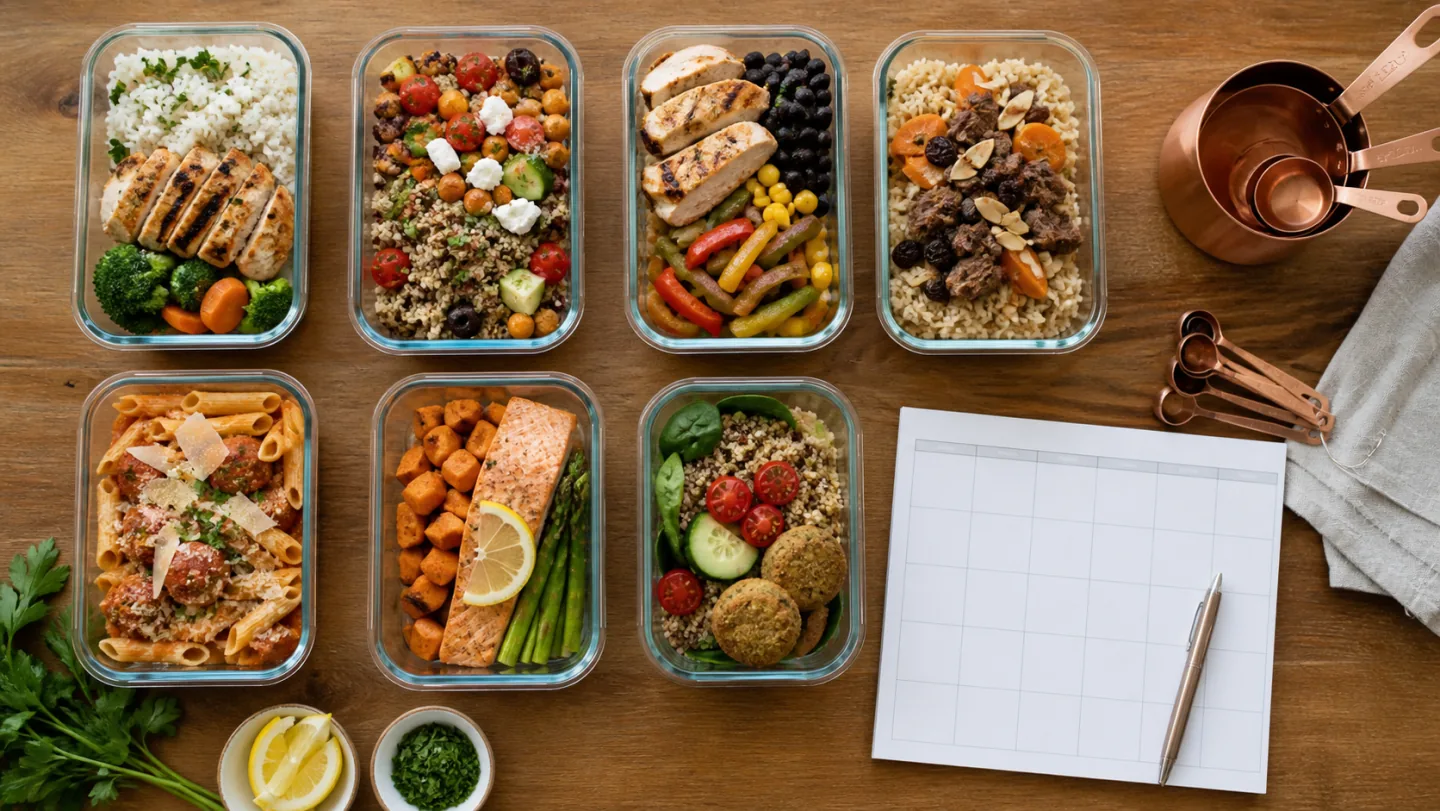 Seven varied balanced halal meal containers sit beside measuring cups and a blank weekly planner.