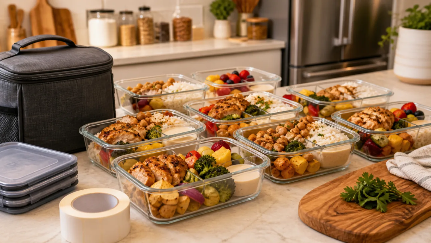 Glass containers hold prepared halal chicken, chickpeas, rice, vegetables, sauce, and fruit beside lids and a lunch bag.