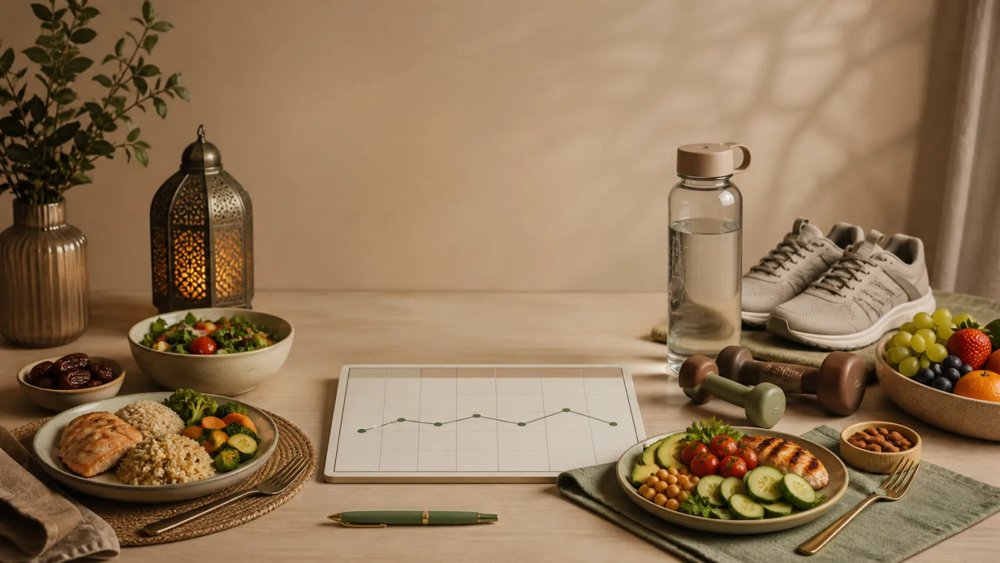 Balanced portioned meals, fruit, vegetables, water, walking shoes, dumbbells, and a blank weekly trend chart form a realistic health plan.