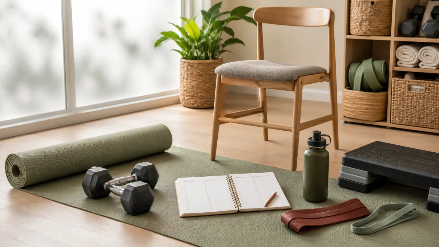 Dumbbells, bands, a chair, step, mat, water, and blank planner are arranged in a private home workout space.