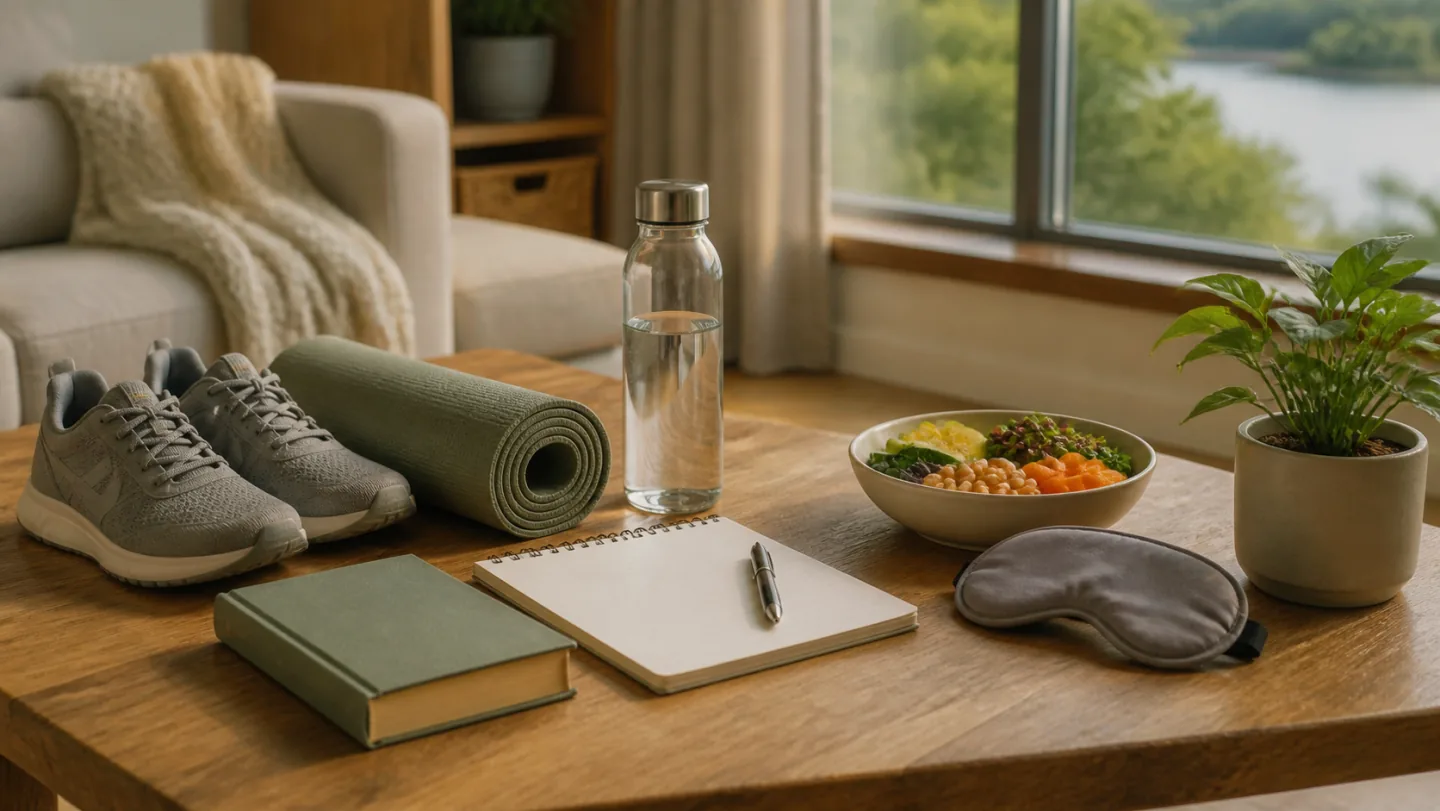 Walking shoes, a rolled mat, book, water, balanced food, sleep mask, and blank checklist form a calm rest-day scene.