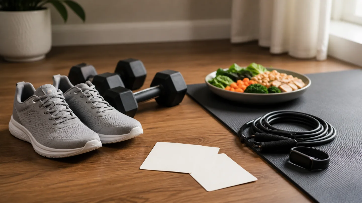 Walking shoes, dumbbells, a mat, jump rope, blank watch, balanced meal, and blank progress cards form a realistic fitness plan.