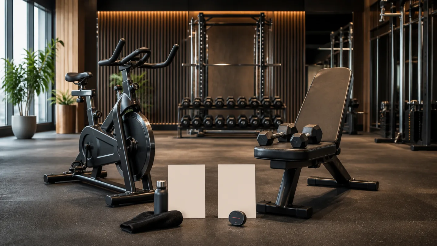 An exercise bike and dumbbell bench sit beside blank order cards in an empty workout studio.